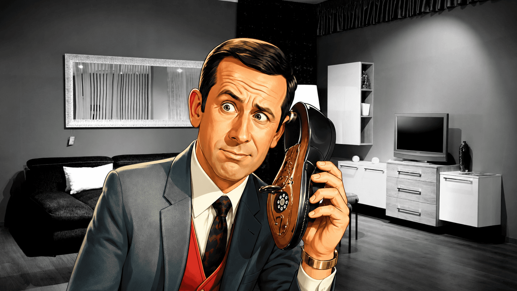 Illustration of Maxwell Smart holding his shoe phone in a black-and-white furnished room