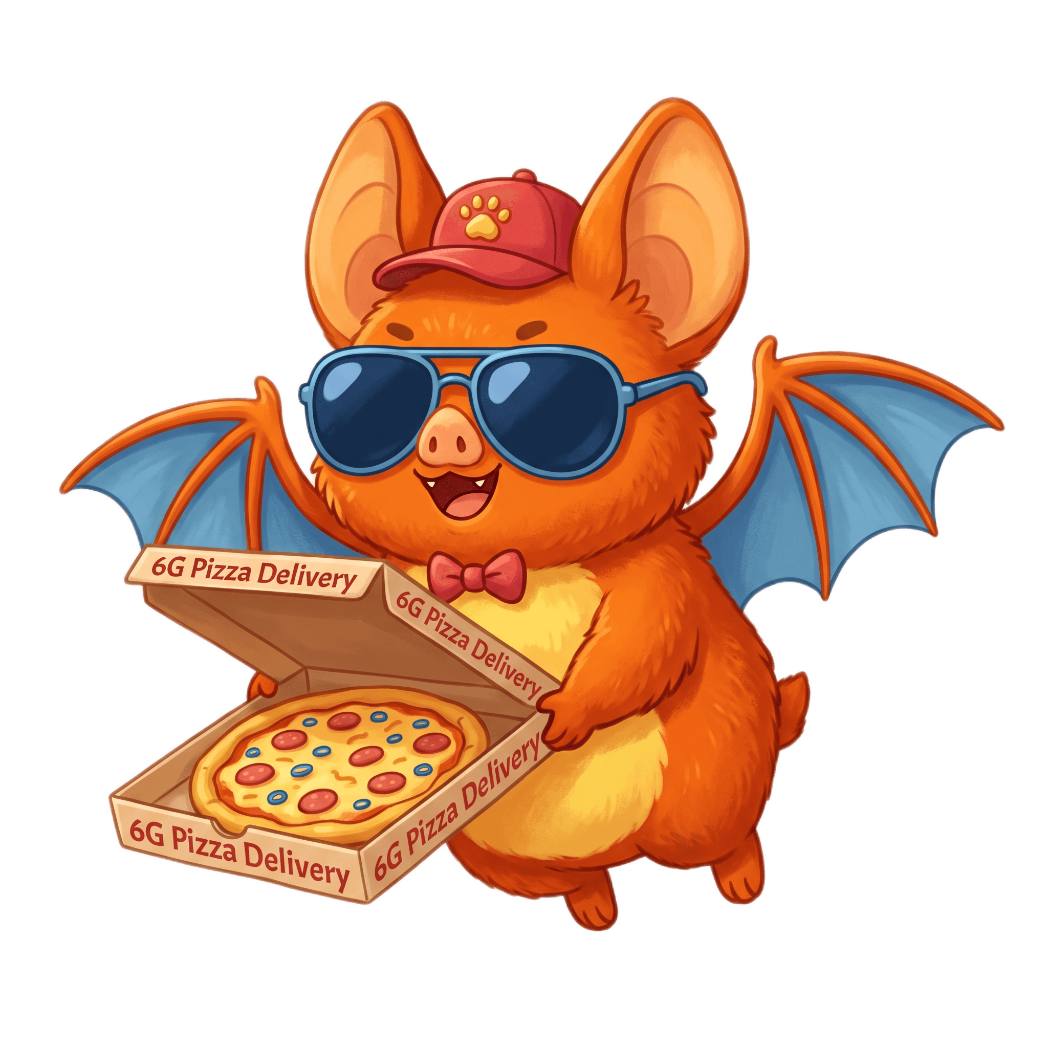 A cheerful orange bat in sunglasses and a delivery cap holding an open box labeled ‘6G Pizza Delivery.’