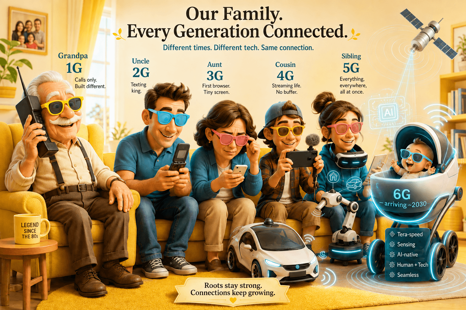 A family reunion personifying six wireless generations: Grandpa 1G with a brick phone, Uncle 2G texting, Aunt 3G browsing, Cousin 4G streaming, Sibling 5G using connected devices, and a 6G baby arriving around 2030.