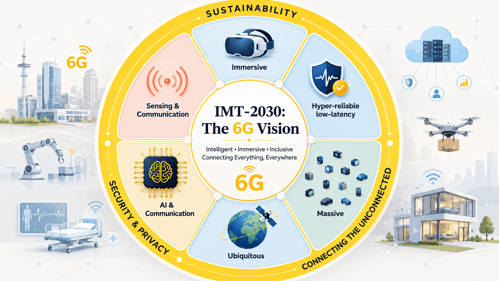 IMT-2030 capability wheel showing six 6G areas: immersive, hyper-reliable low-latency, massive, ubiquitous, AI and communication, and integrated sensing and communication.