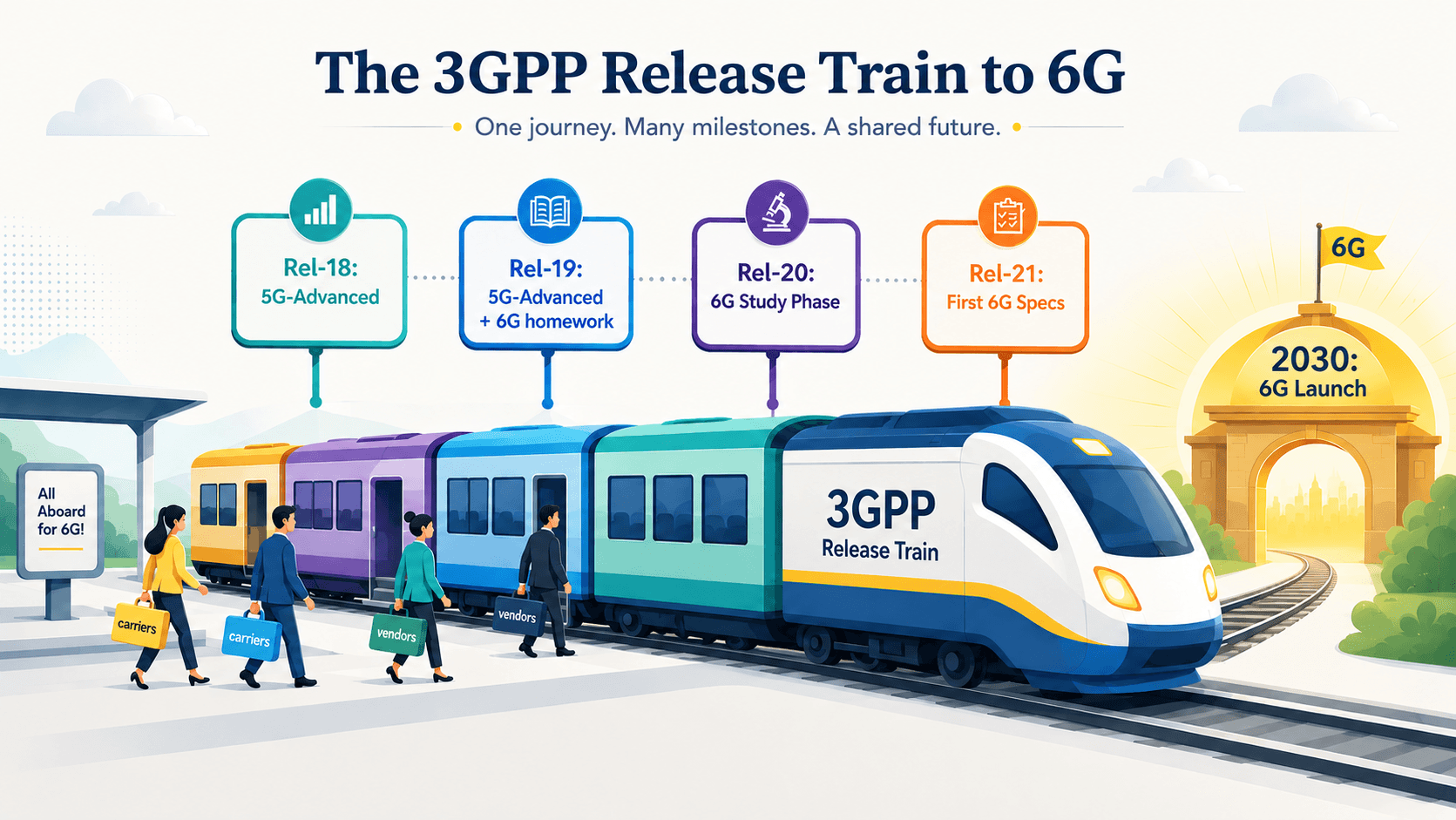 3GPP release timeline from 5G-Advanced in Releases 18 and 19, through 6G studies in Release 20 and initial 6G specifications in Release 21, toward commercial launch around 2030.