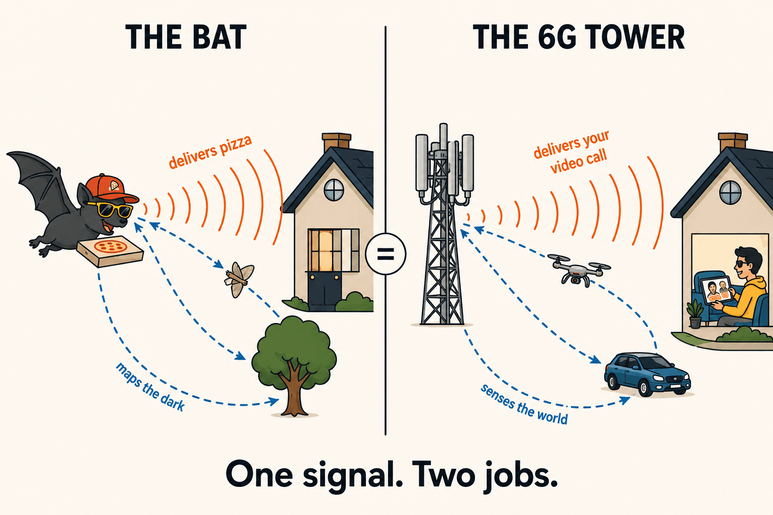 A bat delivering pizza while using echoes to map its surroundings, illustrating how ISAC uses the same radio signal for communication and sensing.