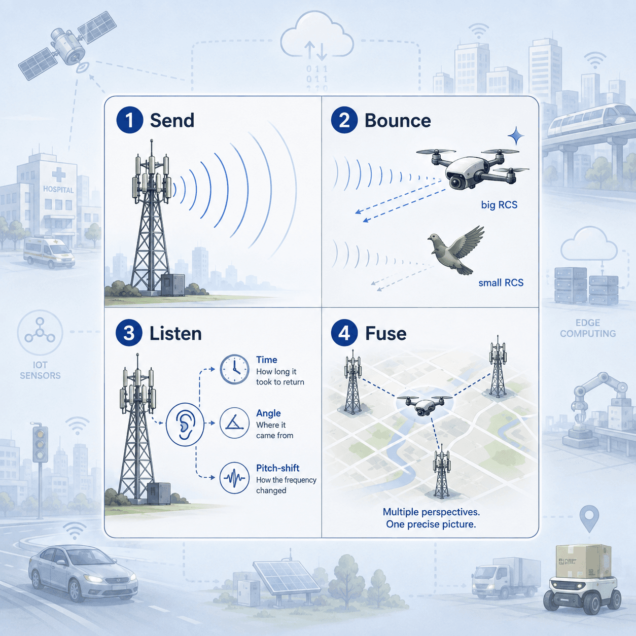 Four-step ISAC process: a base station sends radio waves, objects reflect them, the network measures distance, angle, and speed, and multiple towers combine their observations.
