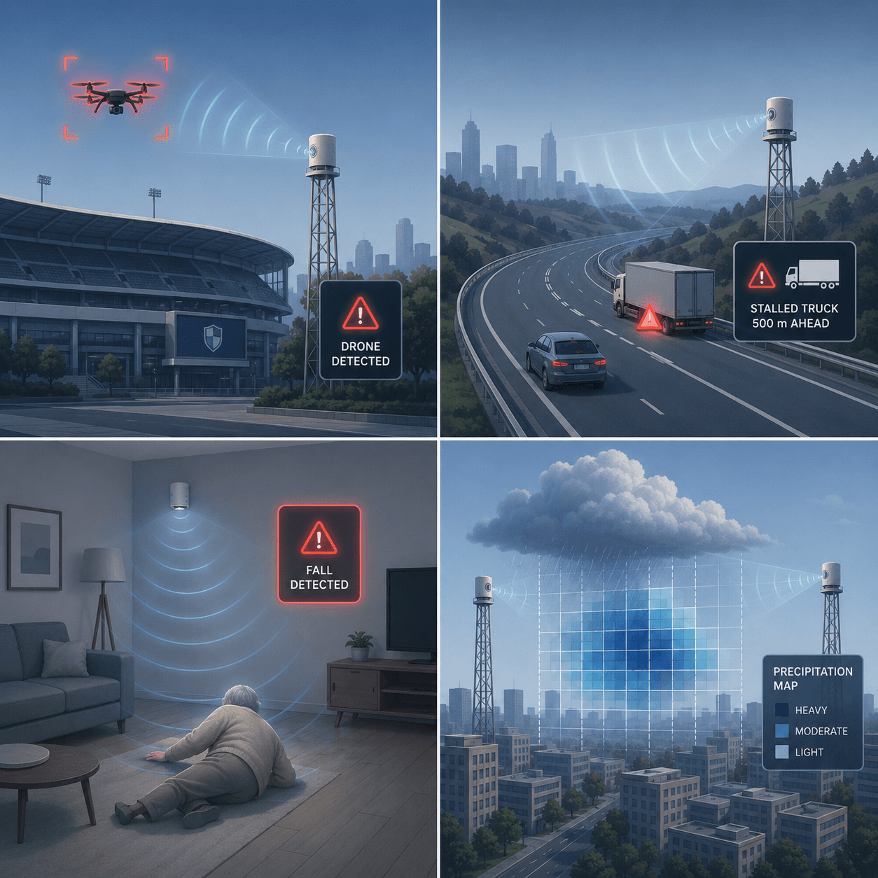 Four ISAC use cases: detecting a drone near a stadium, warning drivers about a stalled truck, detecting a person's fall indoors, and mapping city rainfall.