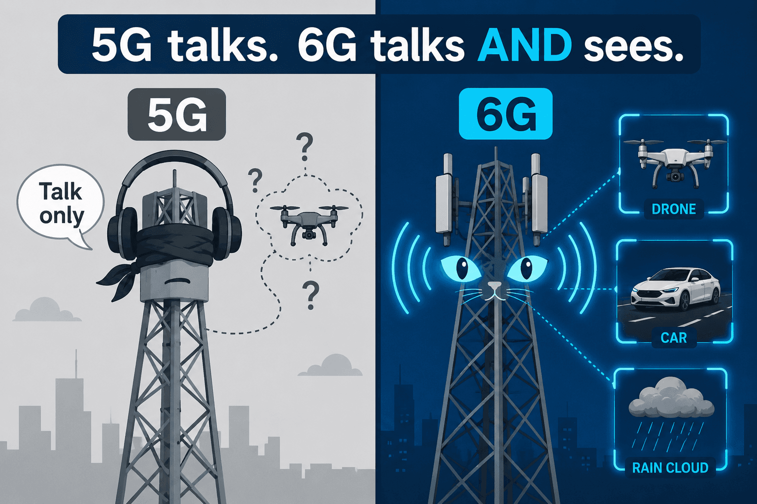 Comparison showing a blindfolded 5G tower that can only communicate and a 6G tower that communicates while sensing a drone, car, and rain cloud.