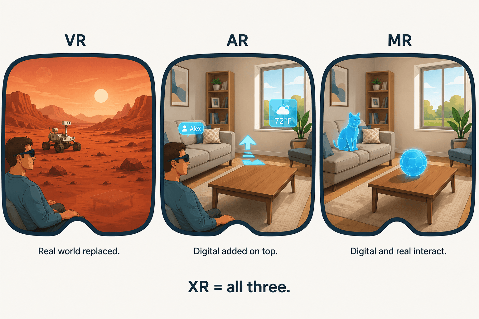 Three headset views compare VR replacing the real world, AR adding digital information over it, and MR allowing digital objects to interact with the physical room; XR includes all three.