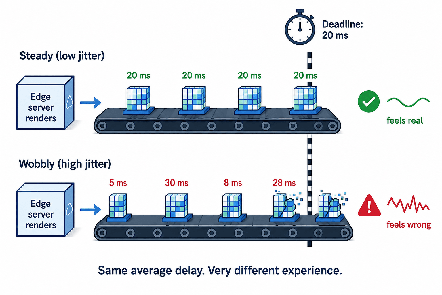 Two edge-rendering delivery lines compare steady 20-millisecond updates that feel real with irregular 5-to-30-millisecond updates that miss the deadline and feel wrong.