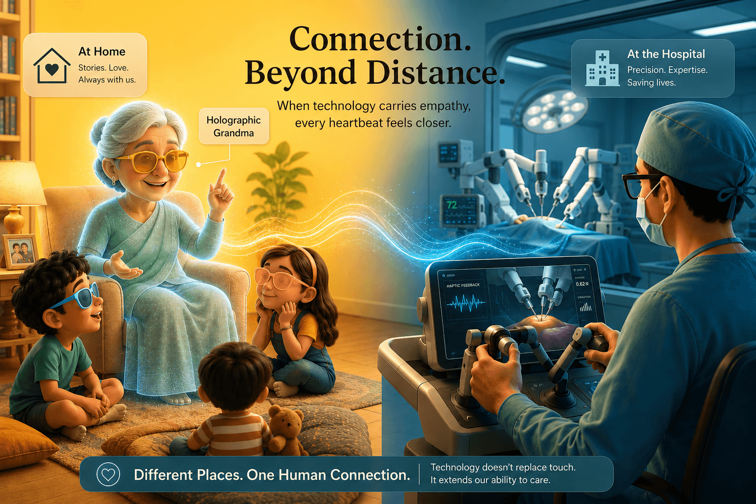 Holographic communication and the internet of senses carrying a three-dimensional person, touch feedback, and precise motion through a 6G connection.
