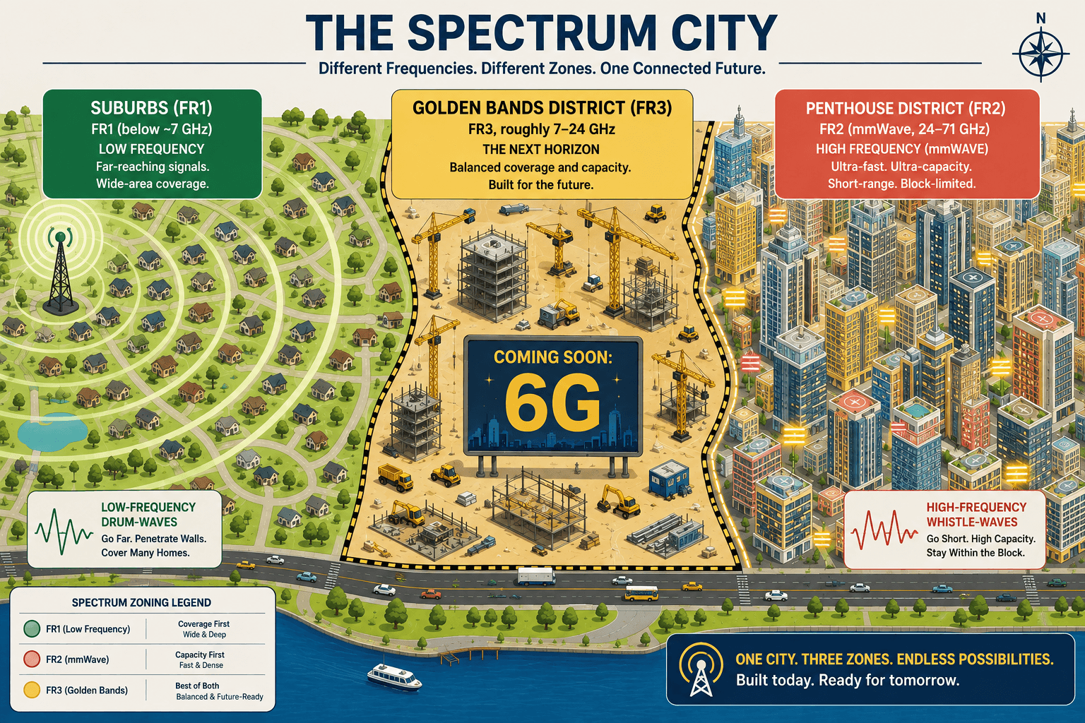 Spectrum City divided into FR1 suburbs with far-reaching low-frequency coverage, an FR3 golden-bands district balancing coverage and capacity, and a dense FR2 penthouse district with short-range high-capacity millimeter waves.