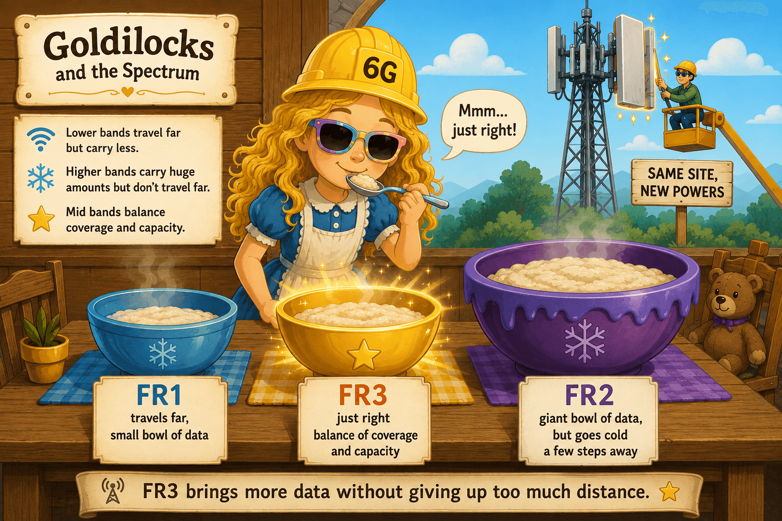 A Goldilocks analogy comparing FR1's far reach and small data capacity, FR2's huge data capacity and short reach, and FR3's just-right balance of coverage and capacity.