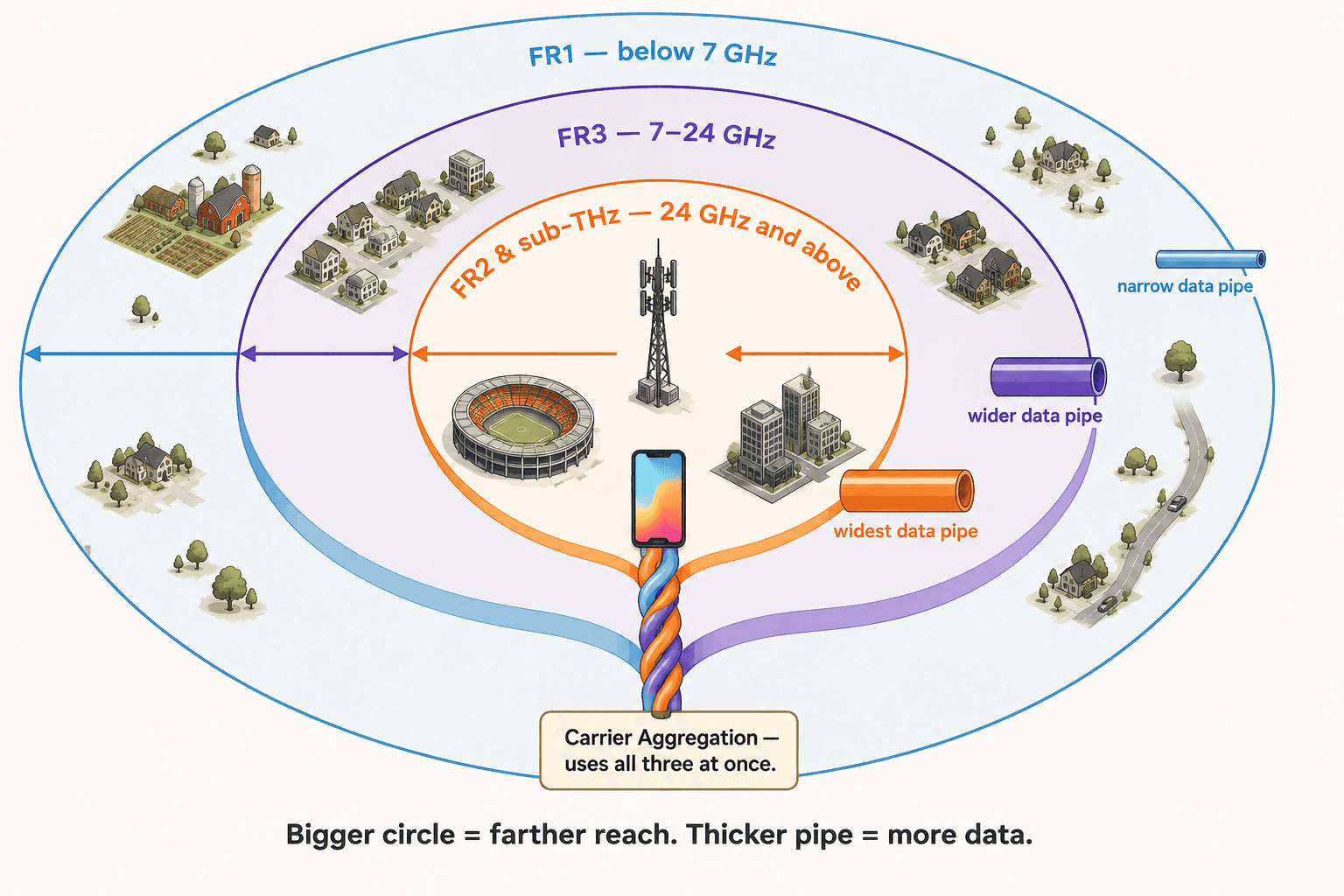 Nested coverage areas show FR1 reaching far with a narrow data pipe, FR3 providing medium reach and a wider pipe, and FR2 and sub-THz providing short reach and the widest pipe, combined through carrier aggregation.