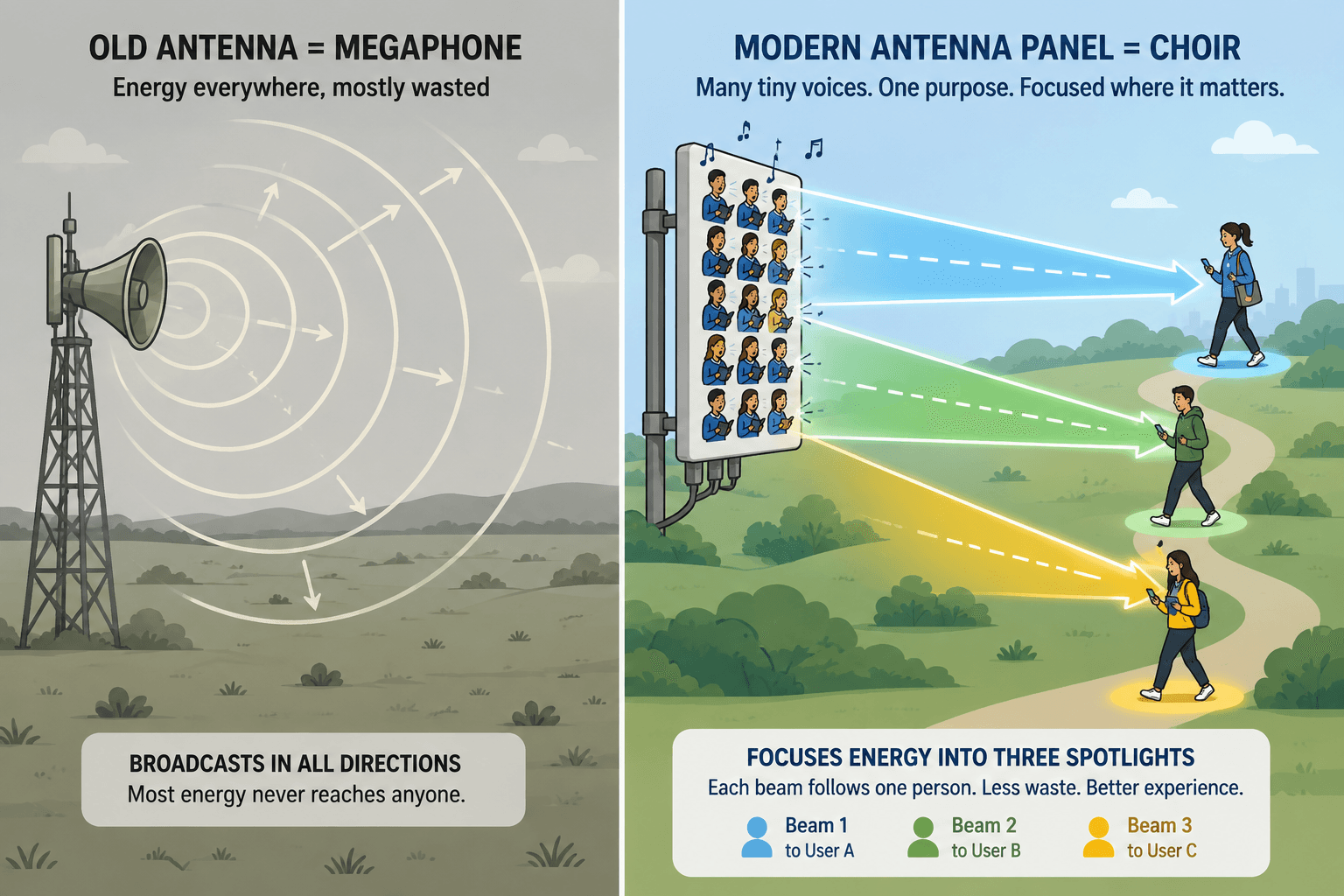 An old megaphone-style antenna broadcasts energy in every direction, while a modern panel coordinates many small elements like a choir to form three focused beams that follow individual users.