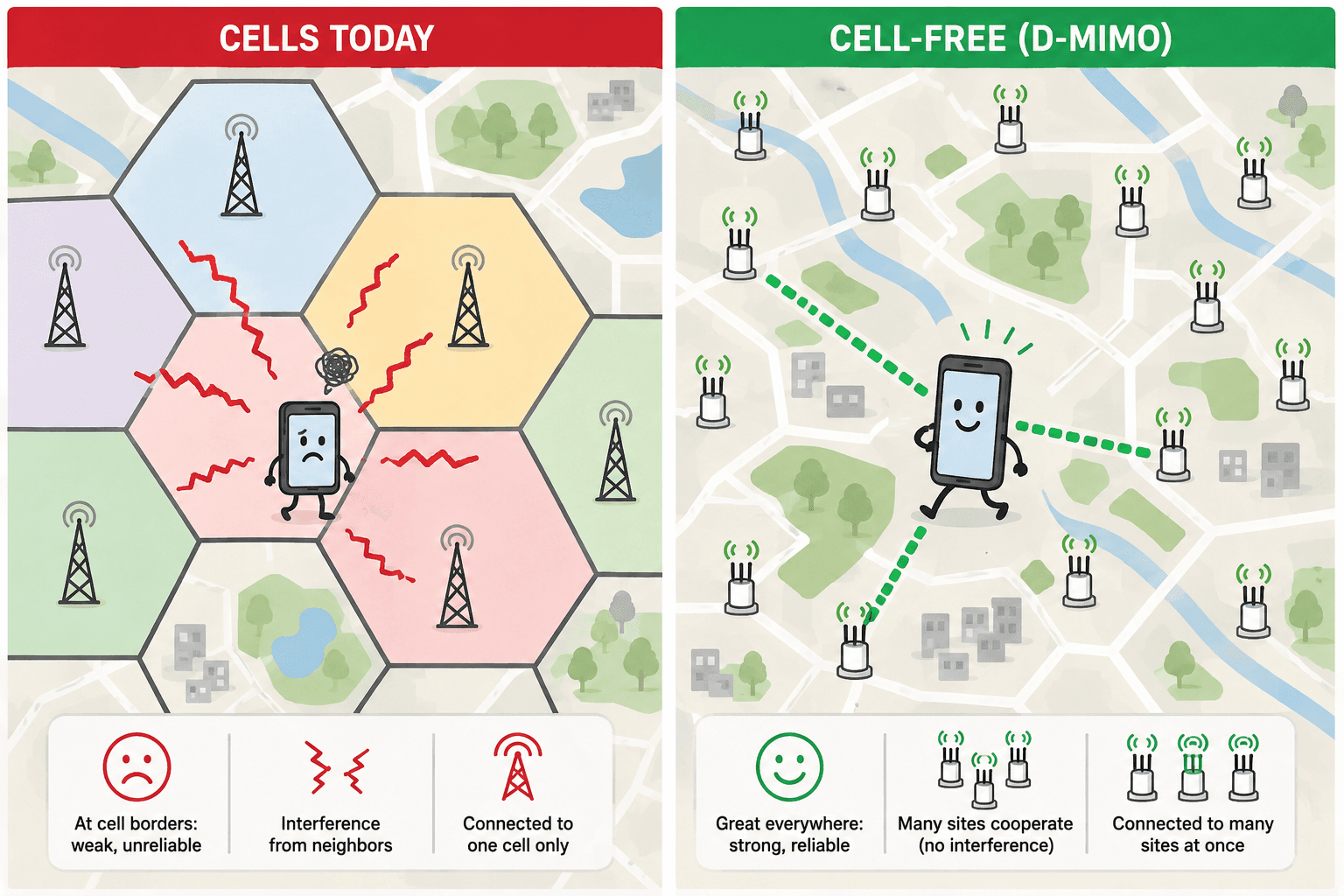 Several distributed antenna sites cooperating to serve one phone as a virtual array, replacing a weak cell edge with coordinated cell-free coverage.