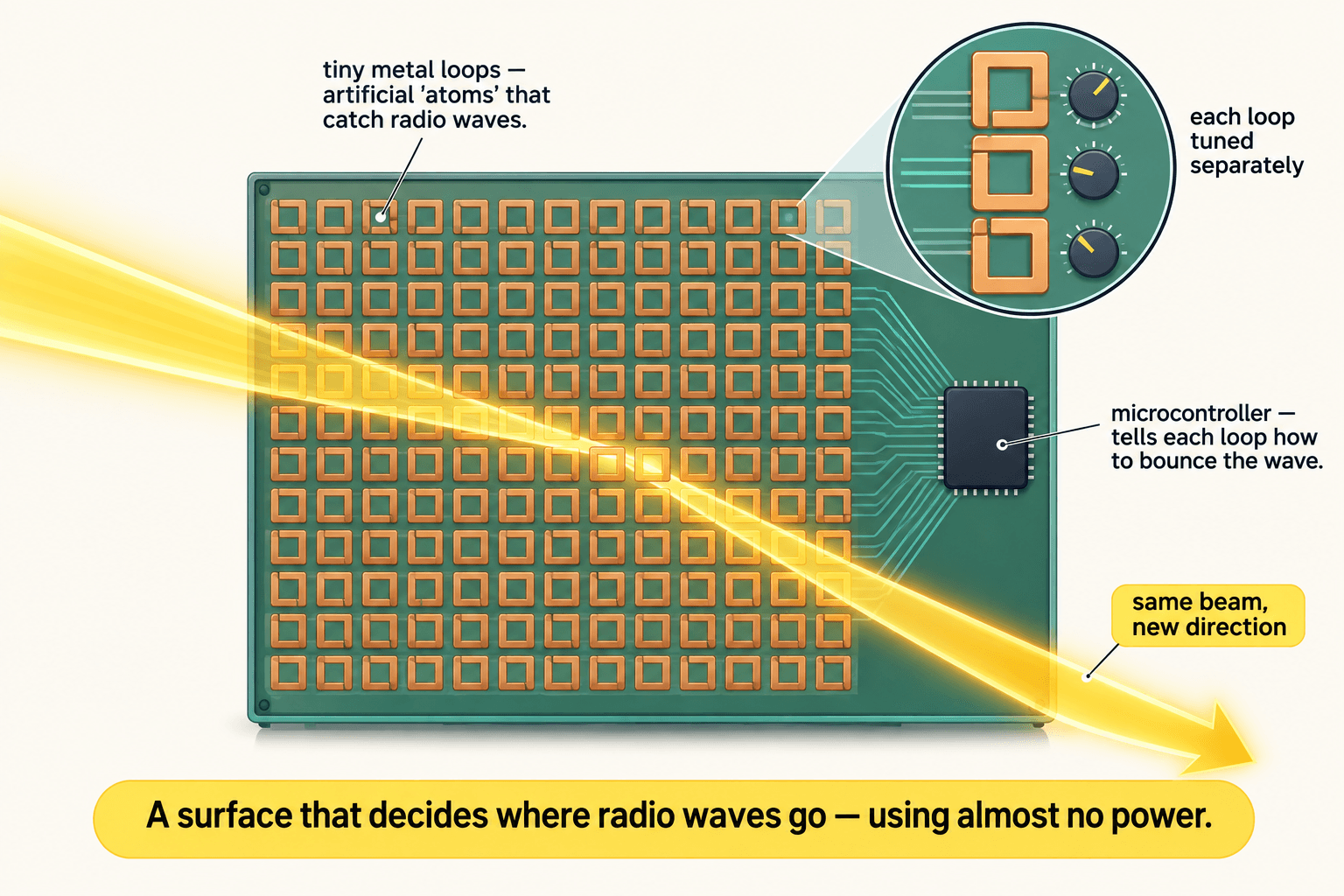 A reconfigurable intelligent surface made of many tiny metal loops, each tuned separately by a microcontroller so an incoming radio beam leaves in a new direction using almost no power.