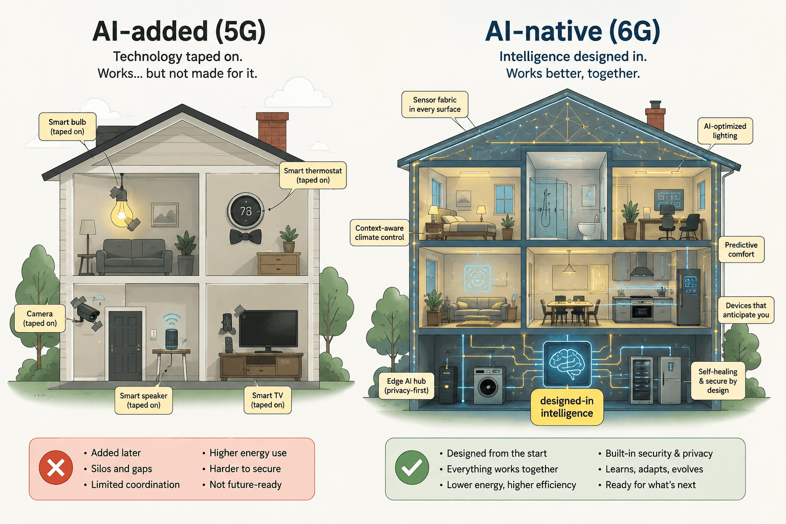 An AI-added 5G house has separate smart devices taped on with limited coordination, while an AI-native 6G house integrates sensors, optimization, privacy, and adaptive intelligence throughout its design.