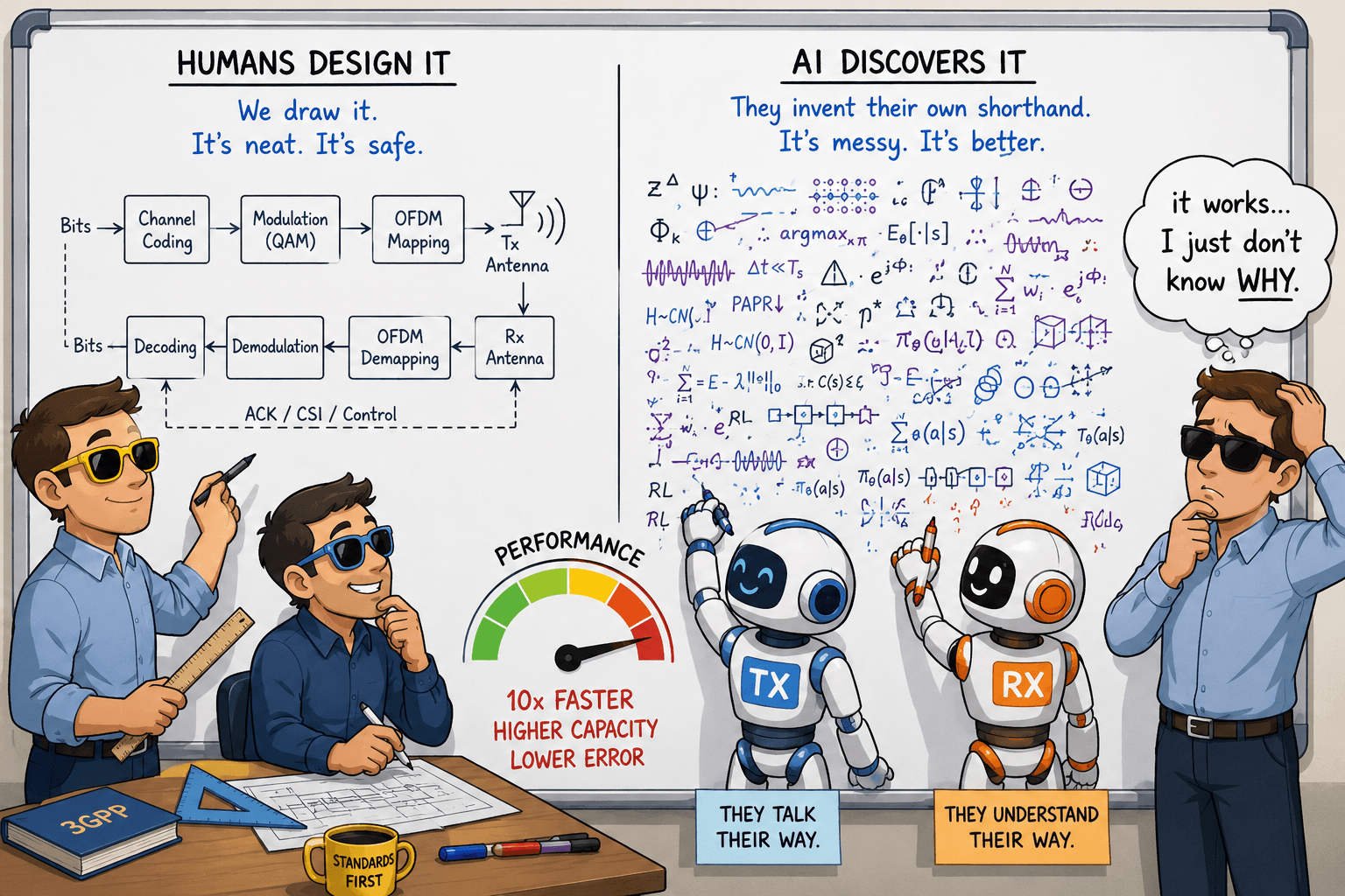 Human engineers design a neat, explainable radio-processing chain, while AI transmitter and receiver models discover their own complex signaling shorthand that delivers higher capacity, lower error, and faster performance.