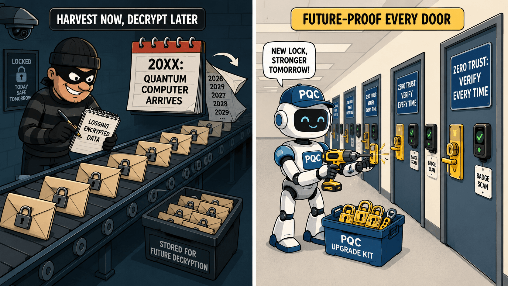 A thief stores encrypted data to decrypt when quantum computers arrive, while a post-quantum security robot upgrades every door with stronger locks and zero-trust badge checks.