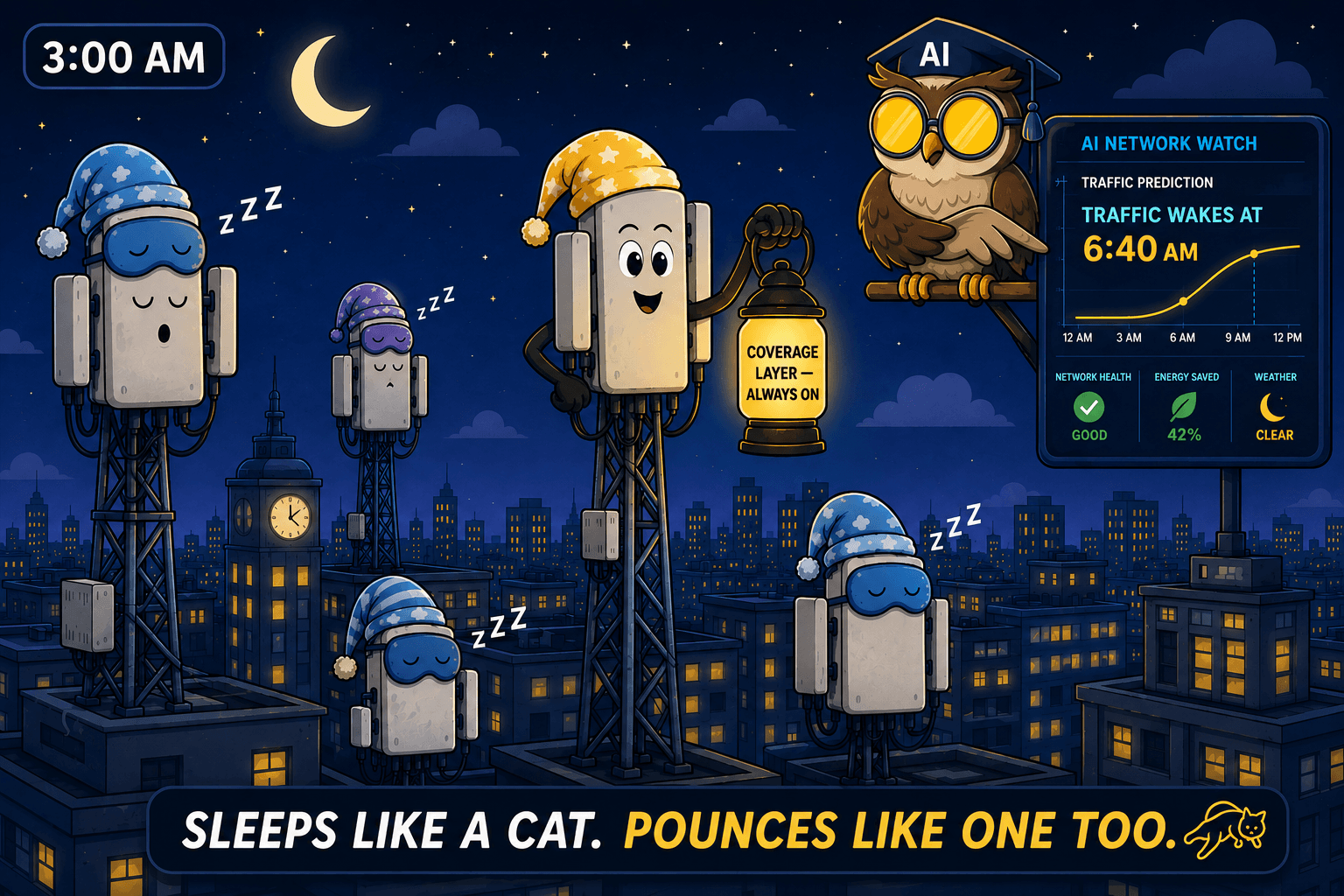 At 3 a.m., low-demand radio sites sleep while one coverage layer stays awake, and an AI network monitor predicts morning traffic so capacity can wake before demand returns.