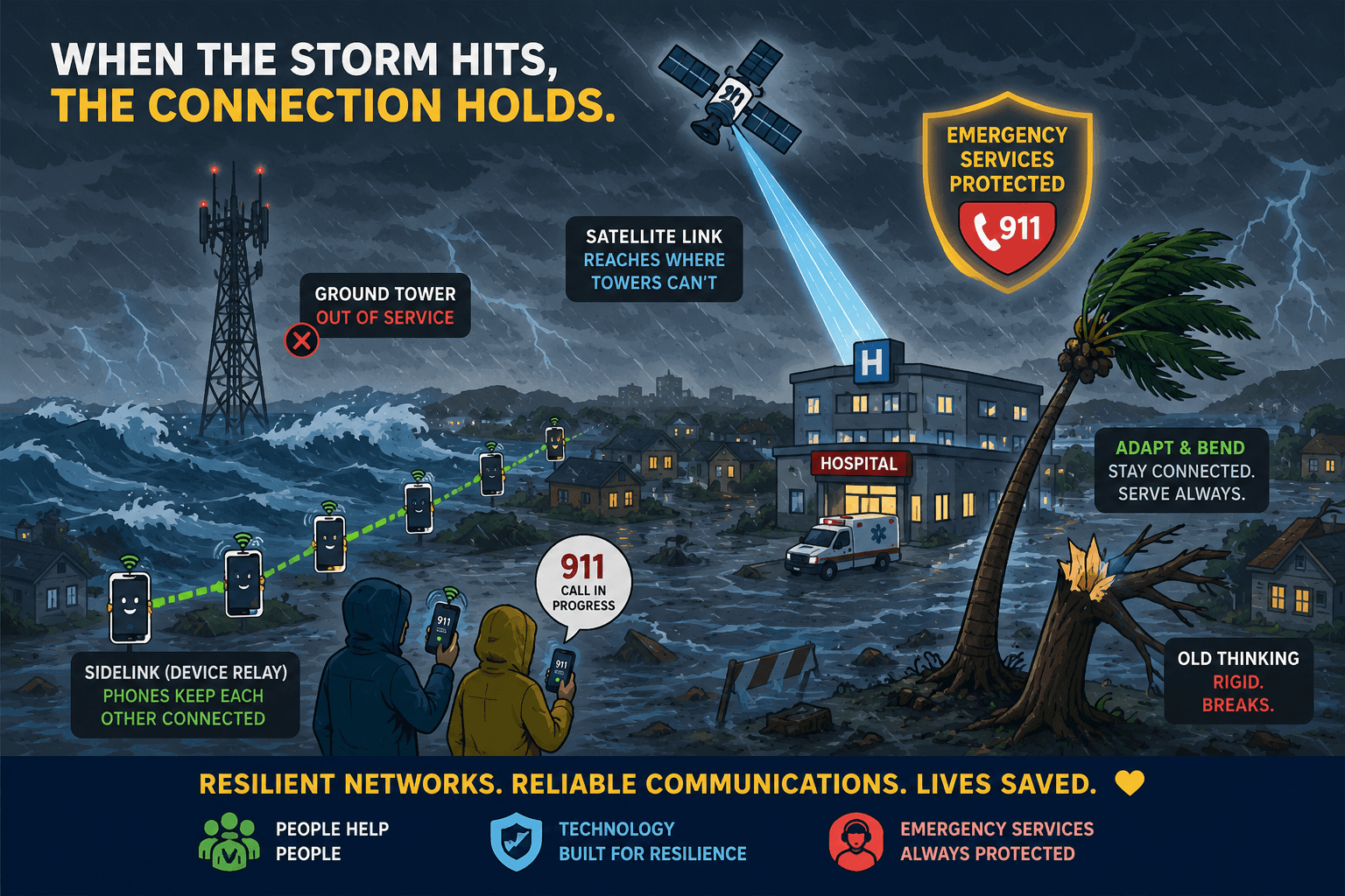 During a destructive storm that disables a ground tower, satellite coverage and phone-to-phone sidelink relays preserve a 911 call and protect emergency communications.