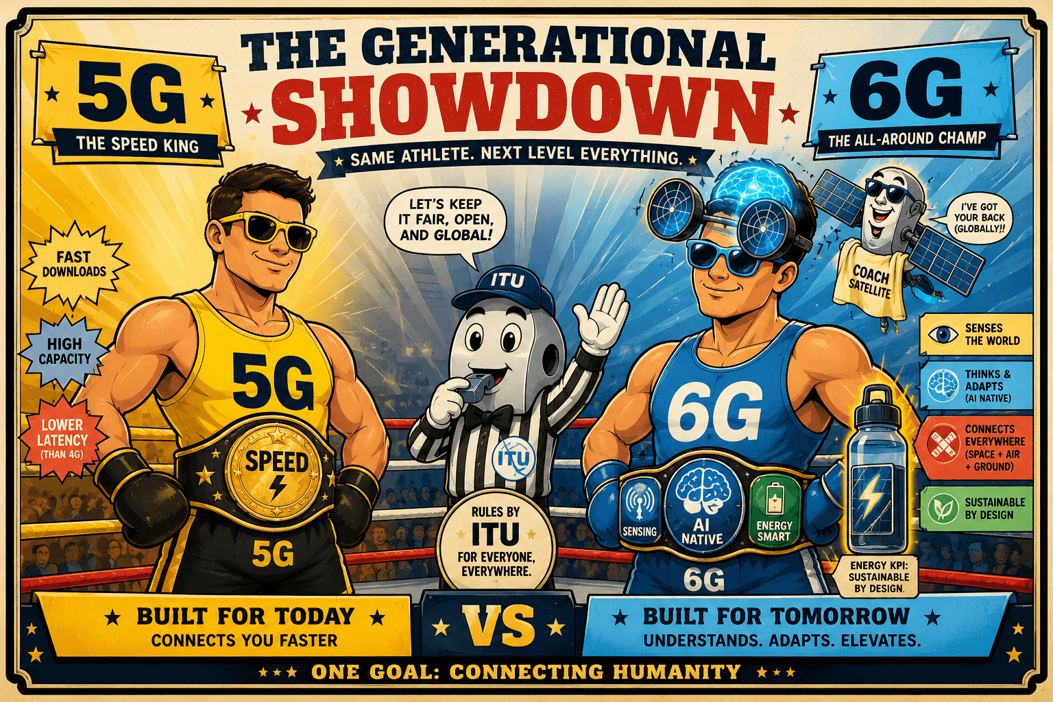A boxing-style generational showdown presents 5G as the speed-and-capacity champion and 6G as an all-around system adding sensing, AI-native adaptation, global satellite coverage, and sustainable energy design.