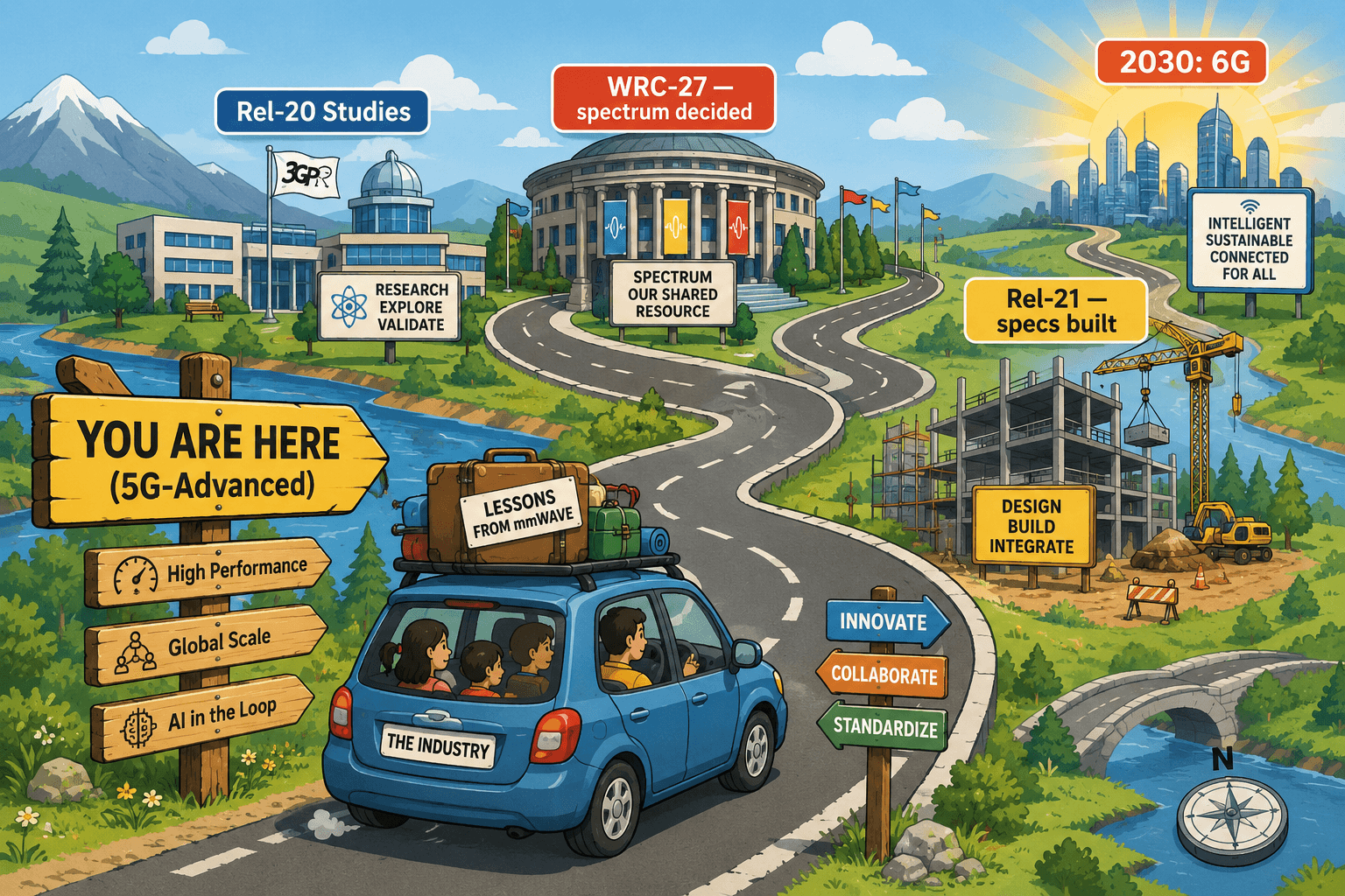 The industry drives from 5G-Advanced toward 2030, passing Release 20 research, WRC-27 spectrum decisions, and Release 21 design and specifications before reaching commercial 6G.
