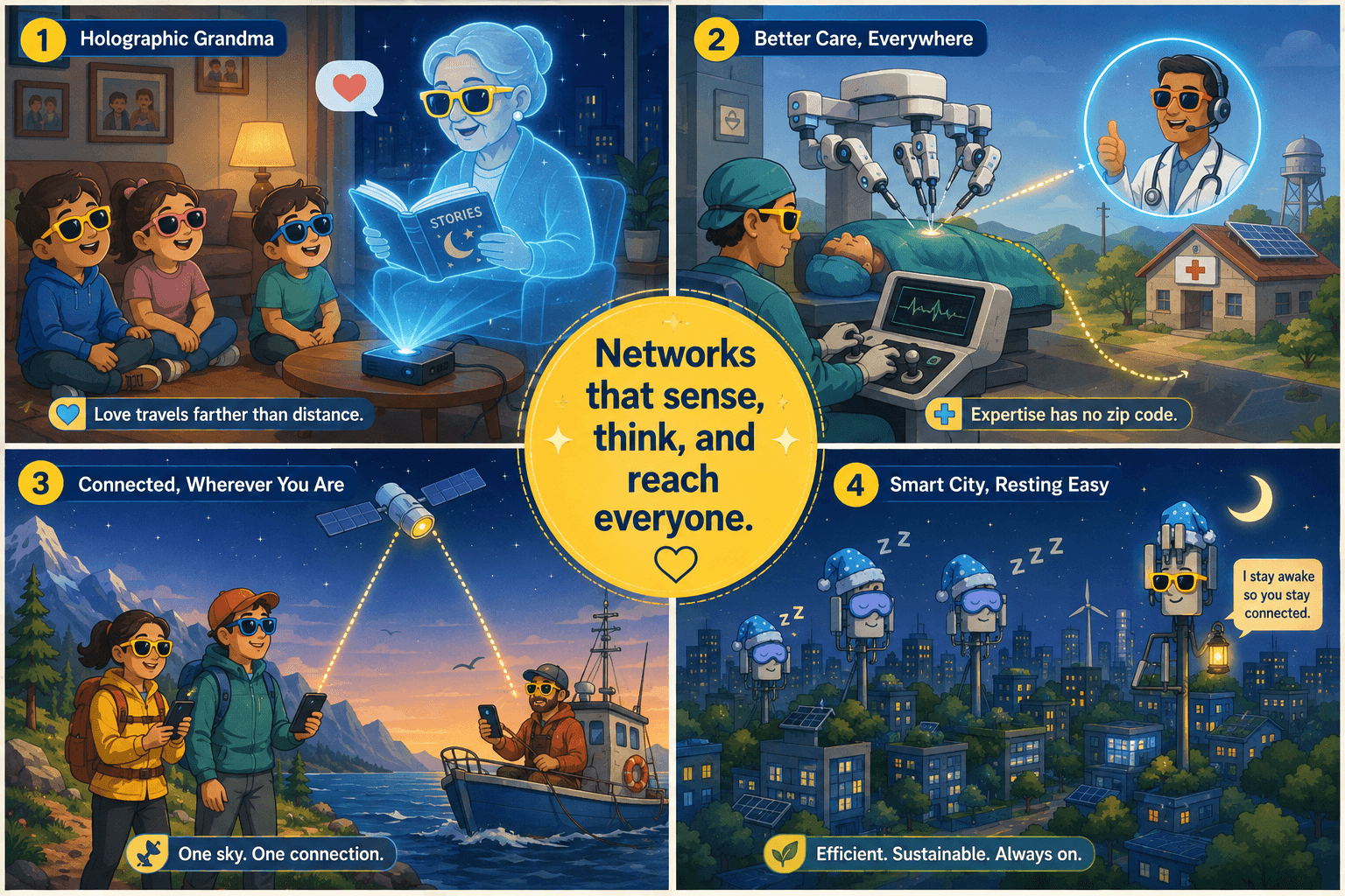 Four human outcomes show a holographic grandmother visiting children, remote expertise guiding rural surgery, satellite connectivity reaching mountains and water, and an energy-efficient smart city keeping essential coverage awake.