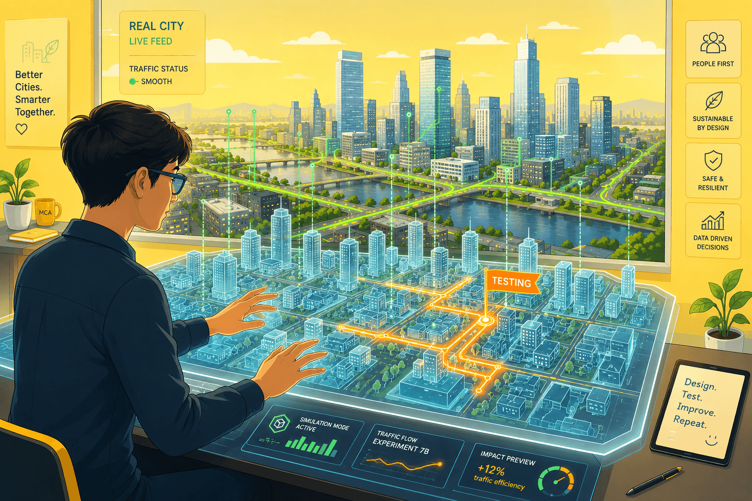 An engineer uses a live digital twin of a city to test a traffic-flow change and preview its effect before applying it to the real city.