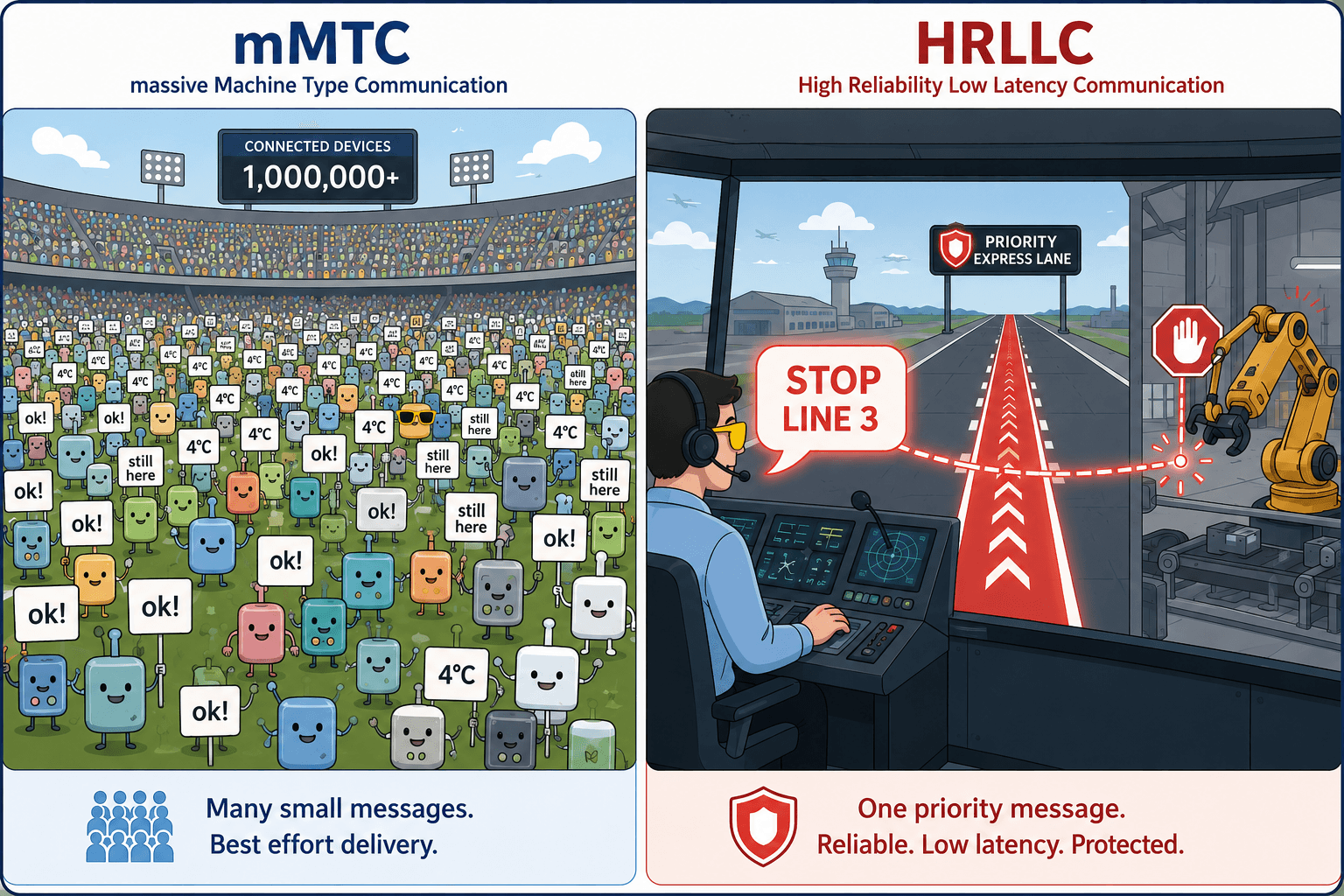 Side-by-side comparison: mMTC fills a stadium with over a million devices sending small best-effort messages, while HRLLC gives one urgent factory-control message a protected low-latency priority lane.
