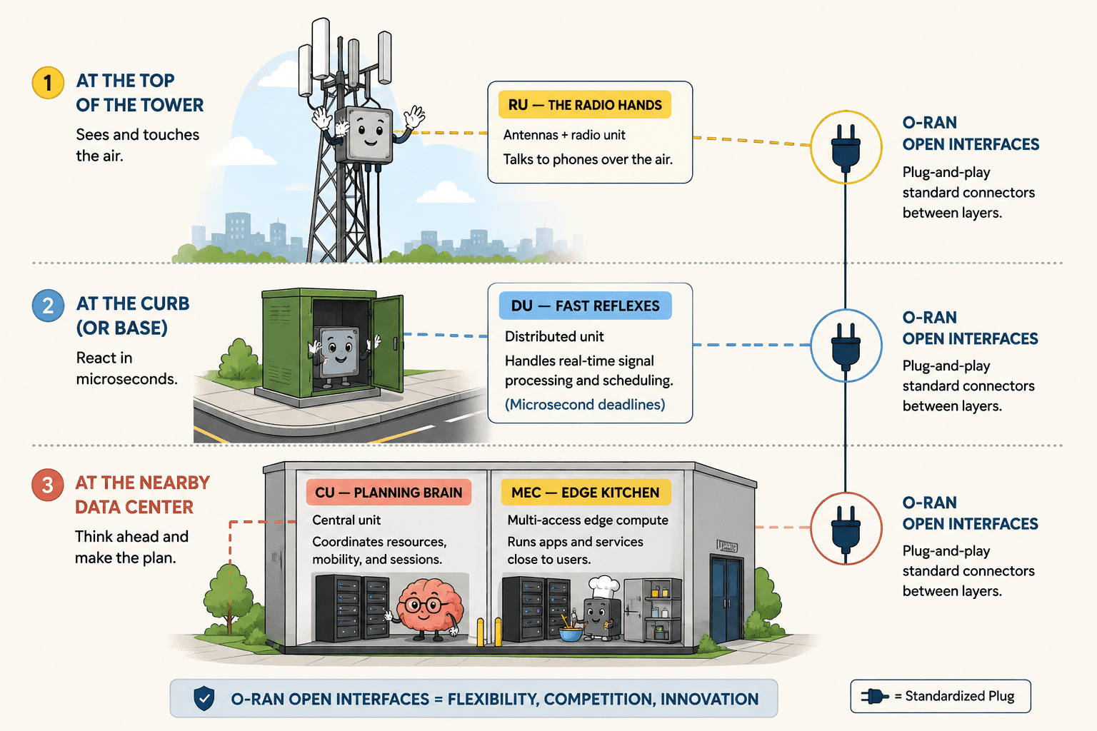 An O-RAN site separates the RU radio at the tower top, the time-critical DU at the curb, and the coordinating CU beside MEC in a nearby data center, joined by standardized open interfaces.