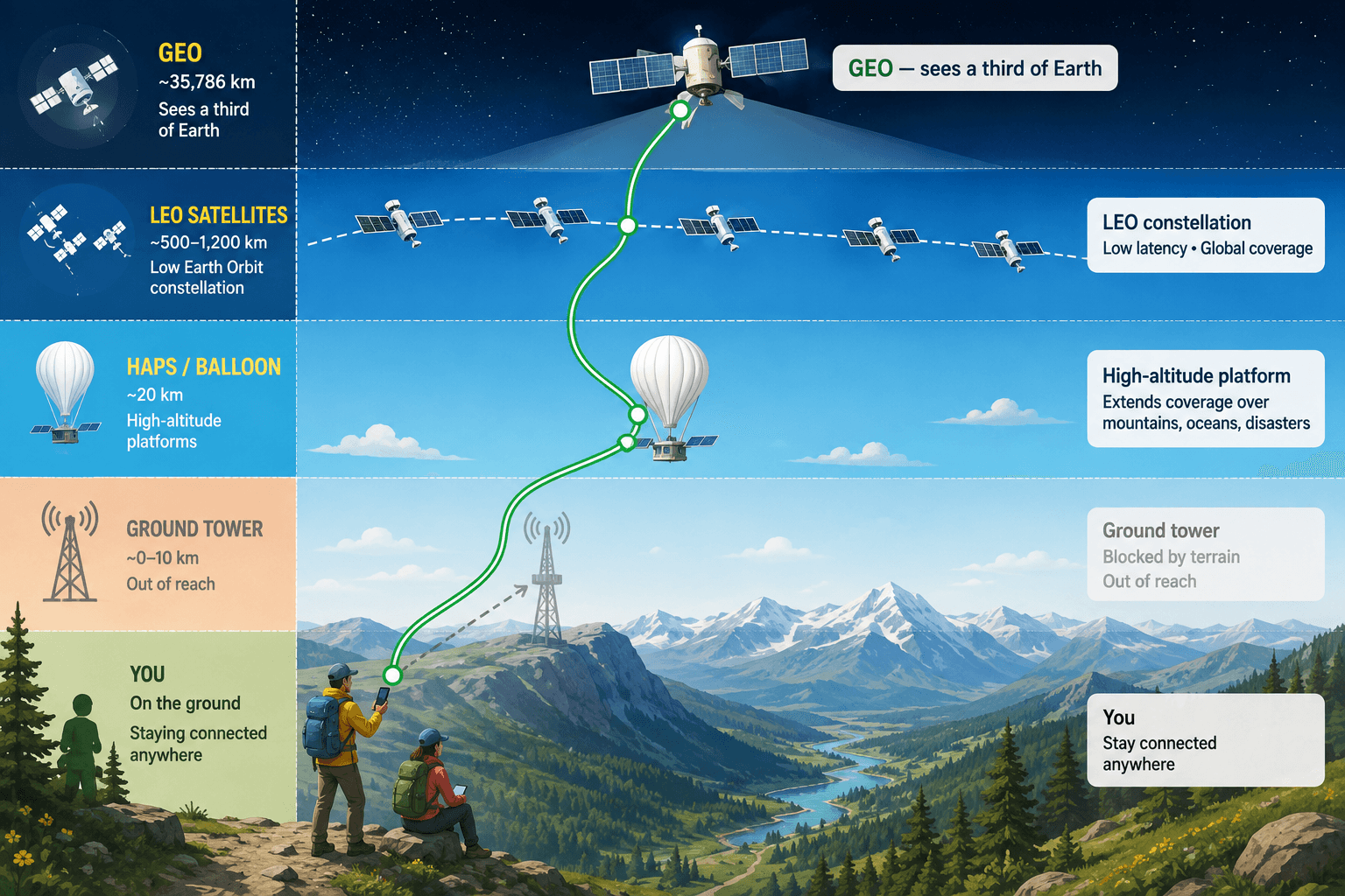 A hiker beyond ground-tower range stays connected through a layered non-terrestrial network of high-altitude platforms, low-Earth-orbit satellites, and a geostationary satellite.